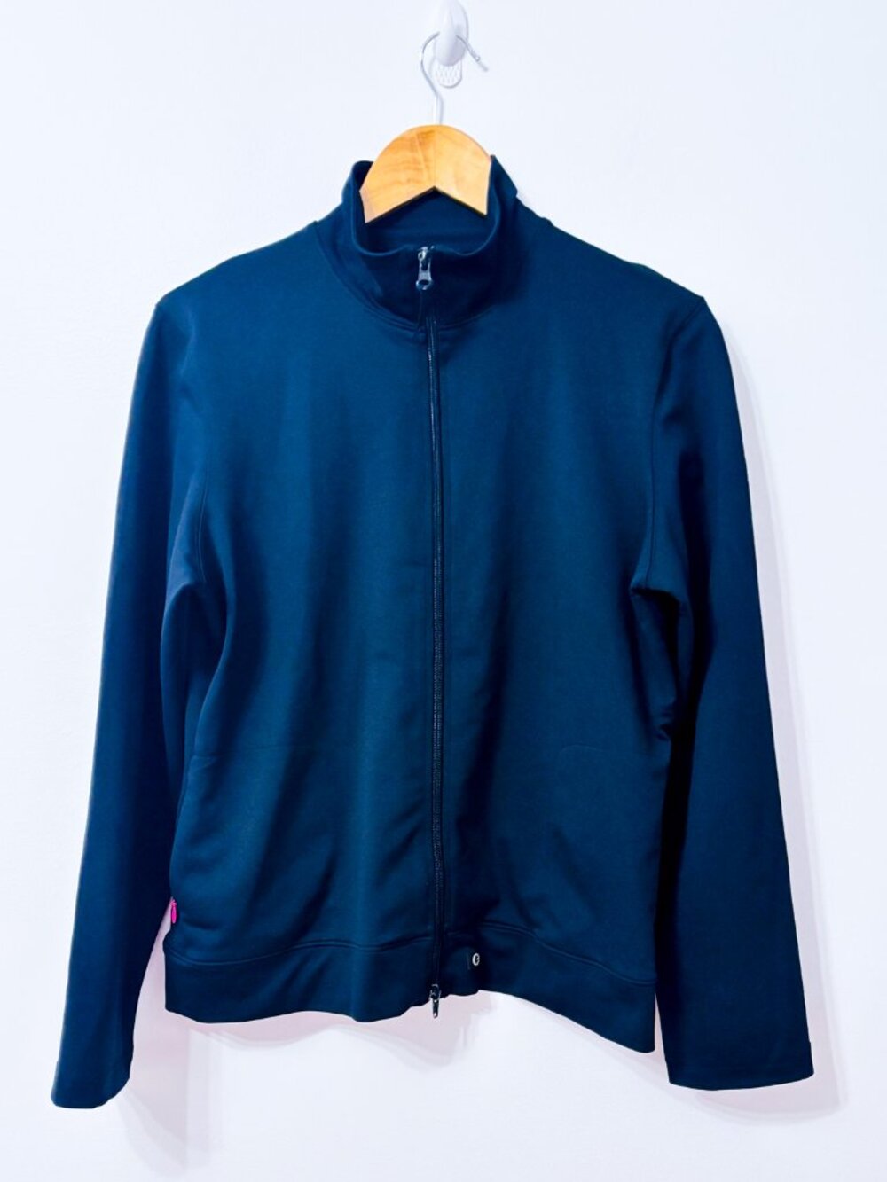 Black Full Zip Stretch Athletic Track Jacket High Collar Pockets Large